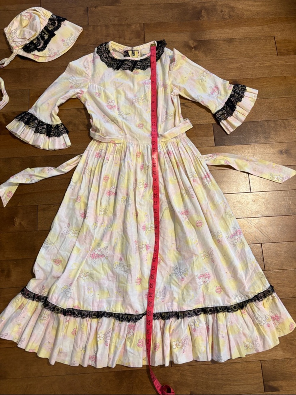 Floral Lace-Trim Cotton Dress with Matching Bonnet - White, Pink & Yellow - Picture 10 of 10